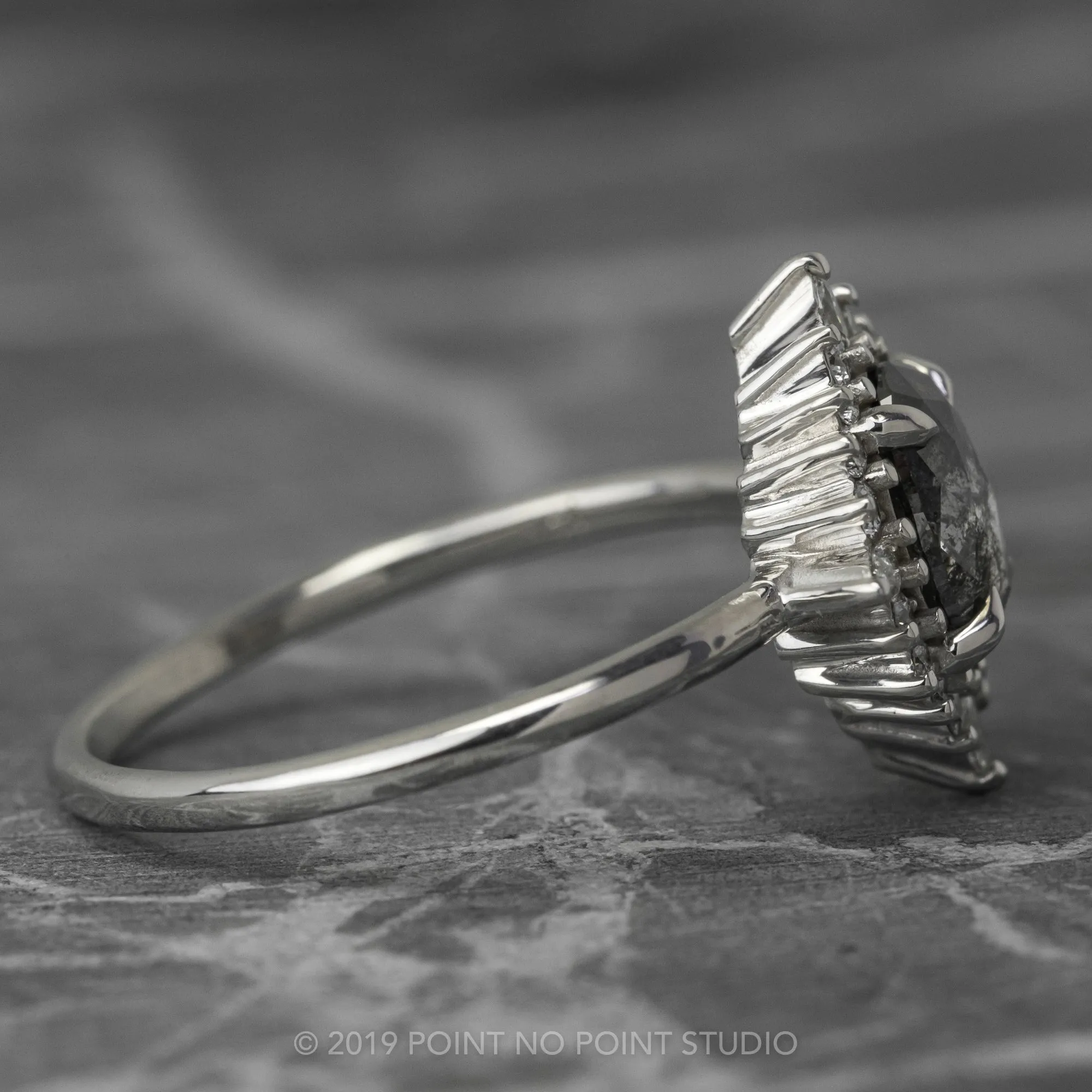 1.49 Carat Black Speckled Oval Diamond Engagement Ring, Cosette Setting, 14K White Gold