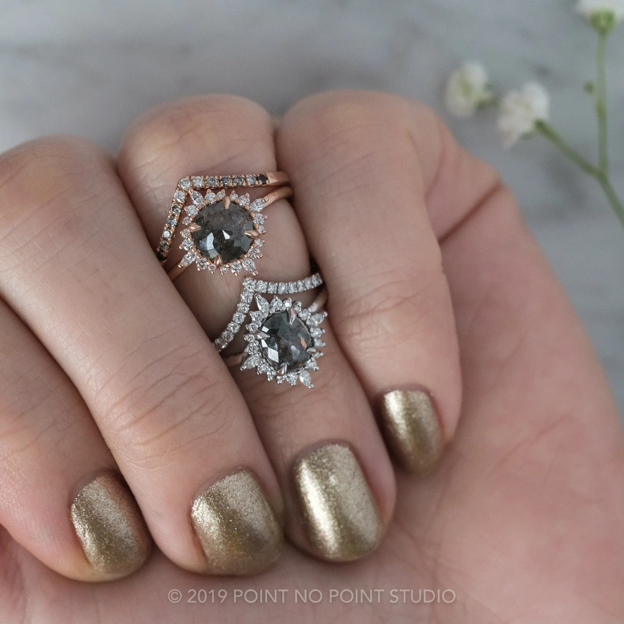 1.49 Carat Black Speckled Oval Diamond Engagement Ring, Cosette Setting, 14K White Gold
