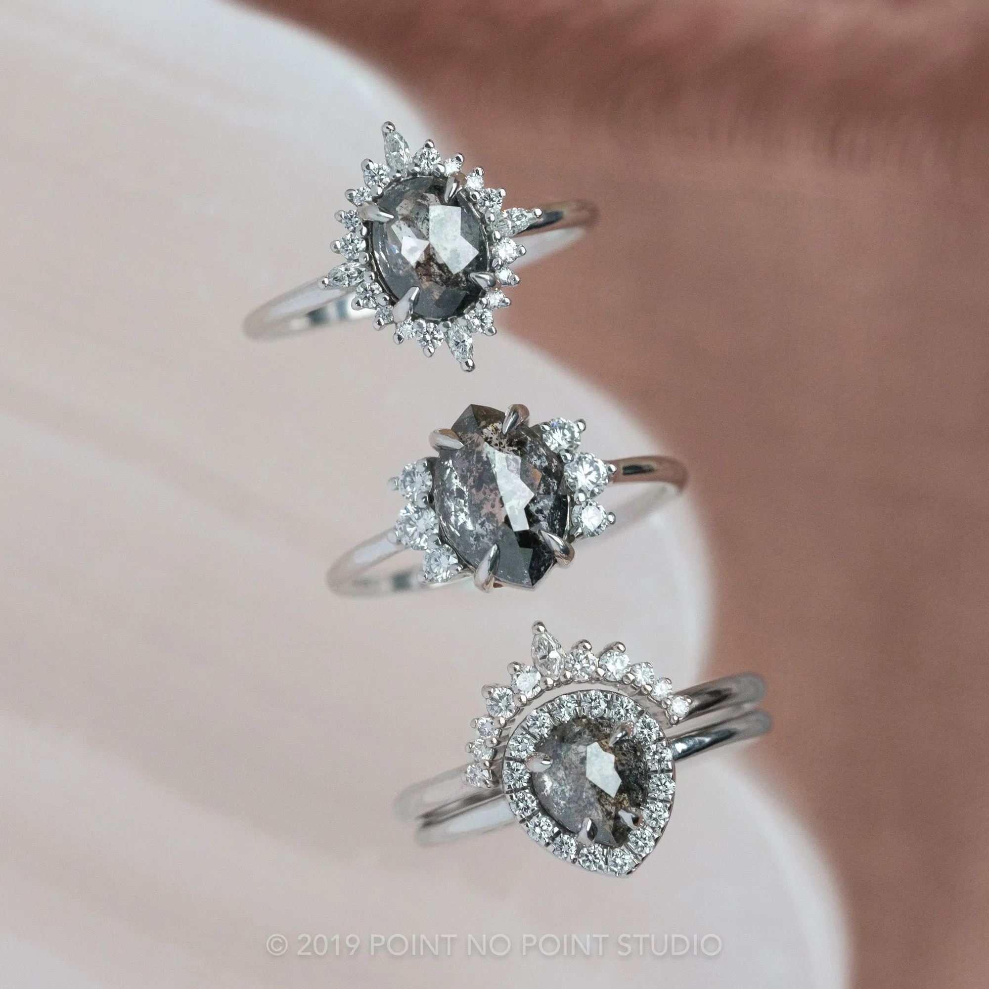 1.49 Carat Black Speckled Oval Diamond Engagement Ring, Cosette Setting, 14K White Gold