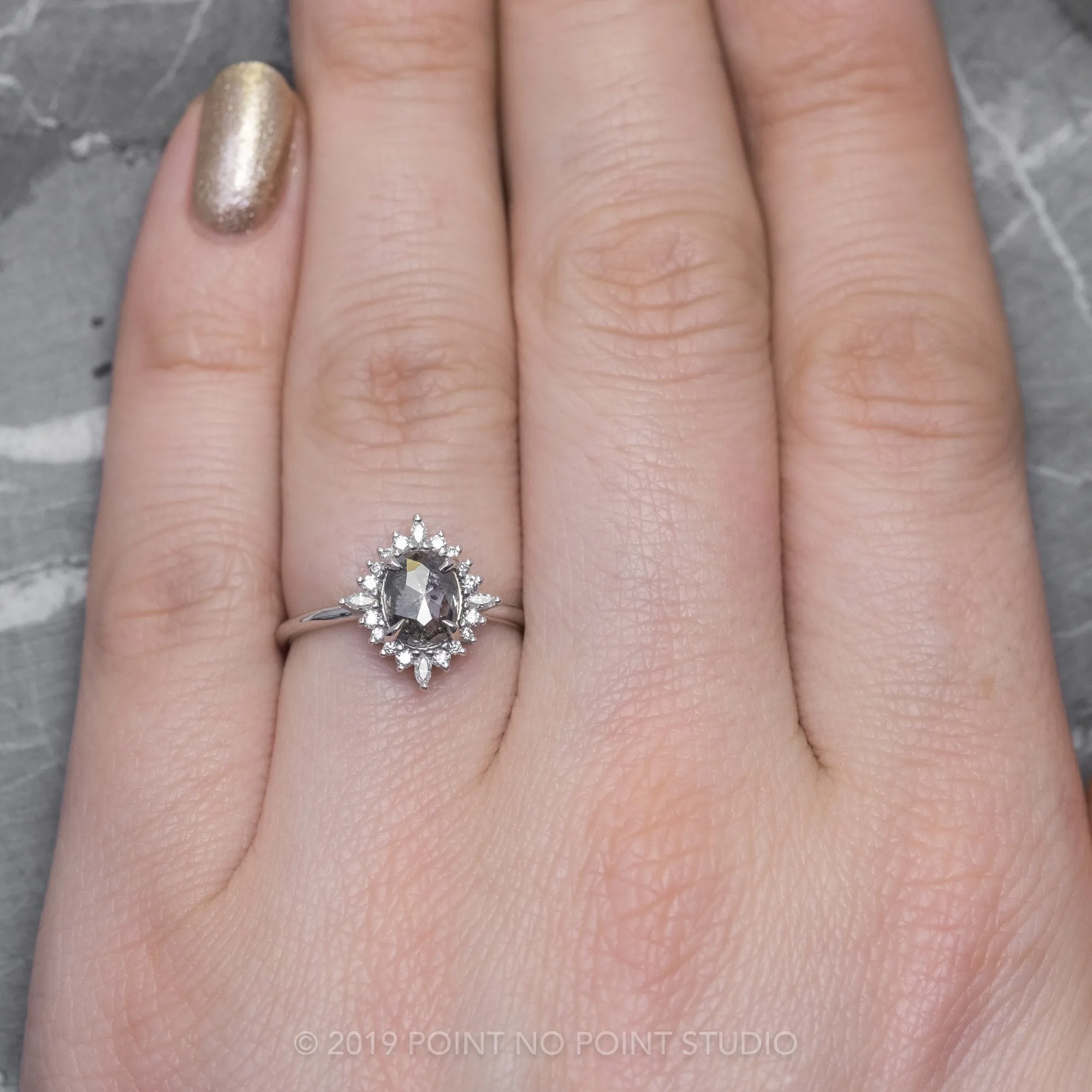 1.49 Carat Black Speckled Oval Diamond Engagement Ring, Cosette Setting, 14K White Gold