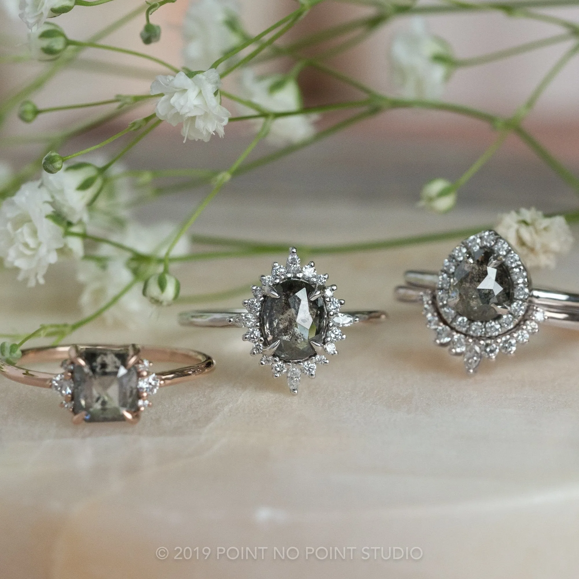 1.49 Carat Black Speckled Oval Diamond Engagement Ring, Cosette Setting, 14K White Gold