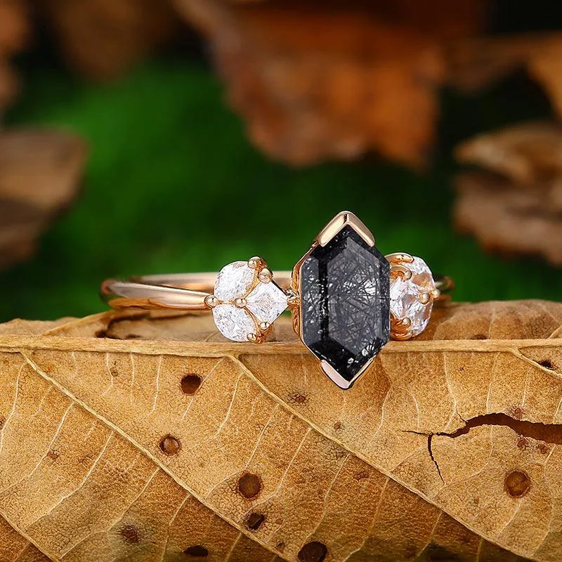 14k 18k Classic Natural Black Rutilated Quartz Cluster Moissanite Diamond Ring