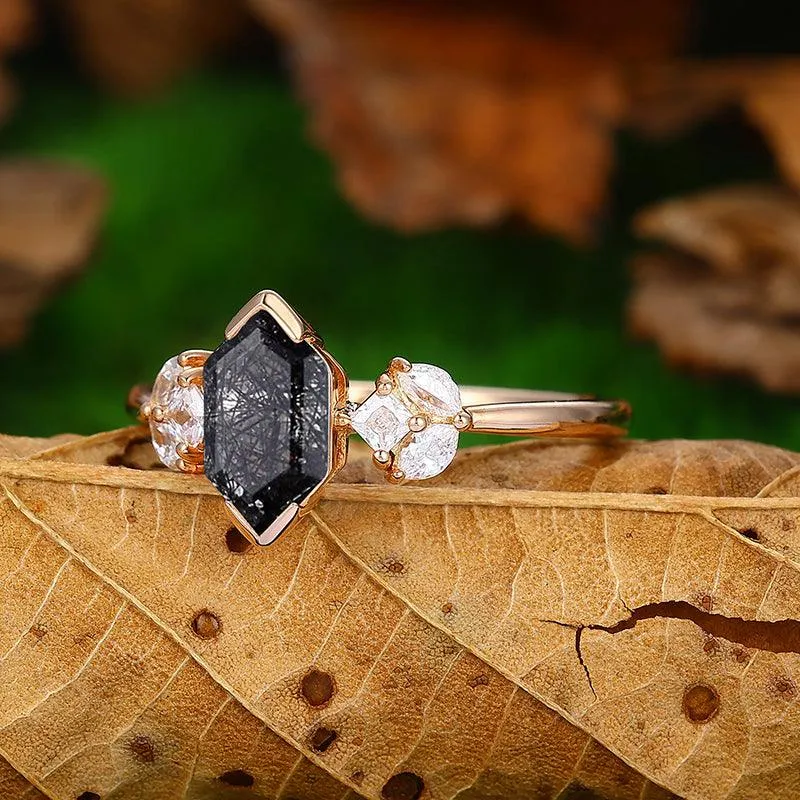 14k 18k Classic Natural Black Rutilated Quartz Cluster Moissanite Diamond Ring