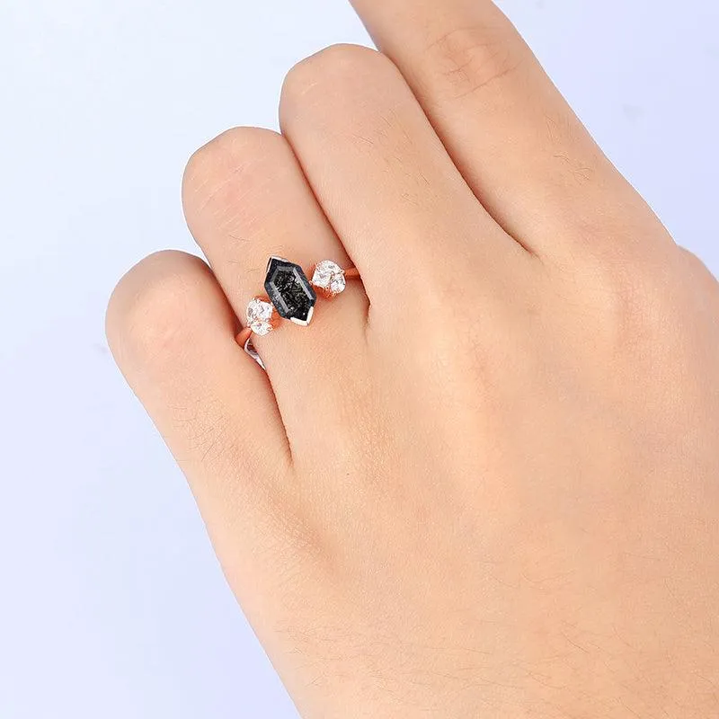 14k 18k Classic Natural Black Rutilated Quartz Cluster Moissanite Diamond Ring