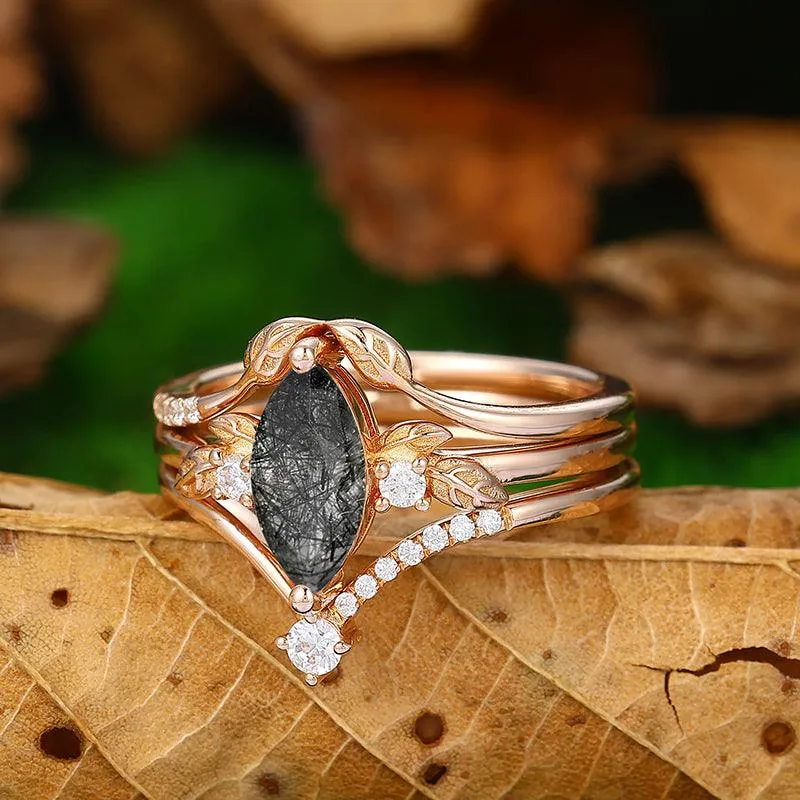 14k 18k Cluster  Art Deco Natural Black Rutilated Quartz Engagement Ring Set Moissanite Stacking Band