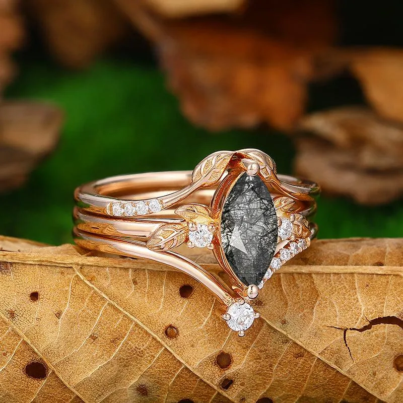 14k 18k Cluster  Art Deco Natural Black Rutilated Quartz Engagement Ring Set Moissanite Stacking Band