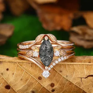 14k 18k Cluster  Art Deco Natural Black Rutilated Quartz Engagement Ring Set Moissanite Stacking Band