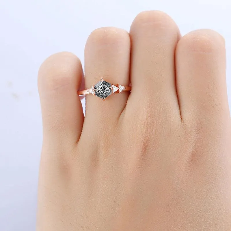 14k 18k Rose Gold Natural Black Rutilated Quartz Engagement Ring