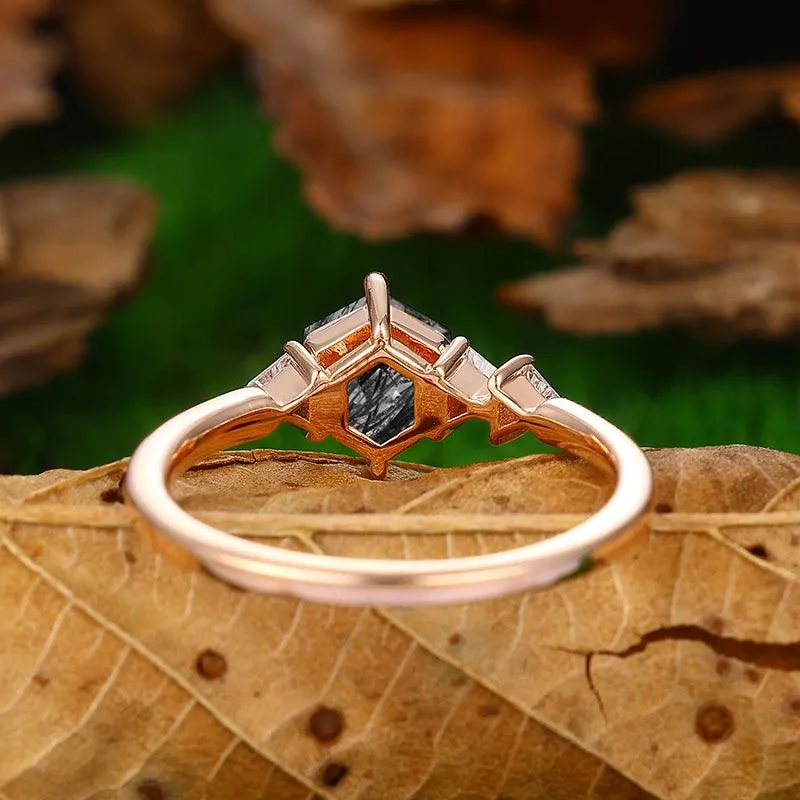 14k 18k Rose Gold Natural Black Rutilated Quartz Engagement Ring