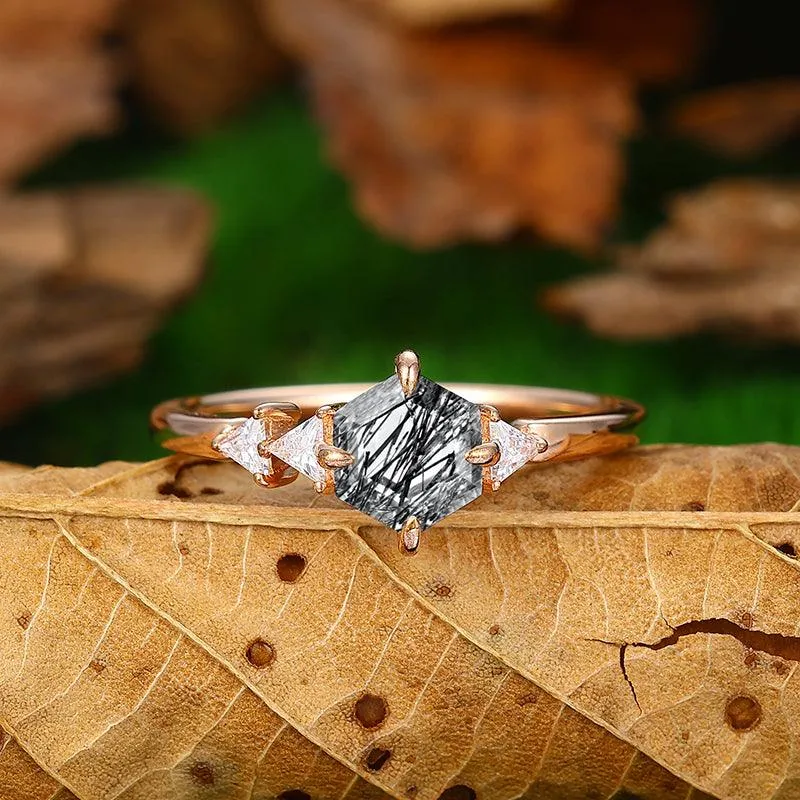 14k 18k Rose Gold Natural Black Rutilated Quartz Engagement Ring