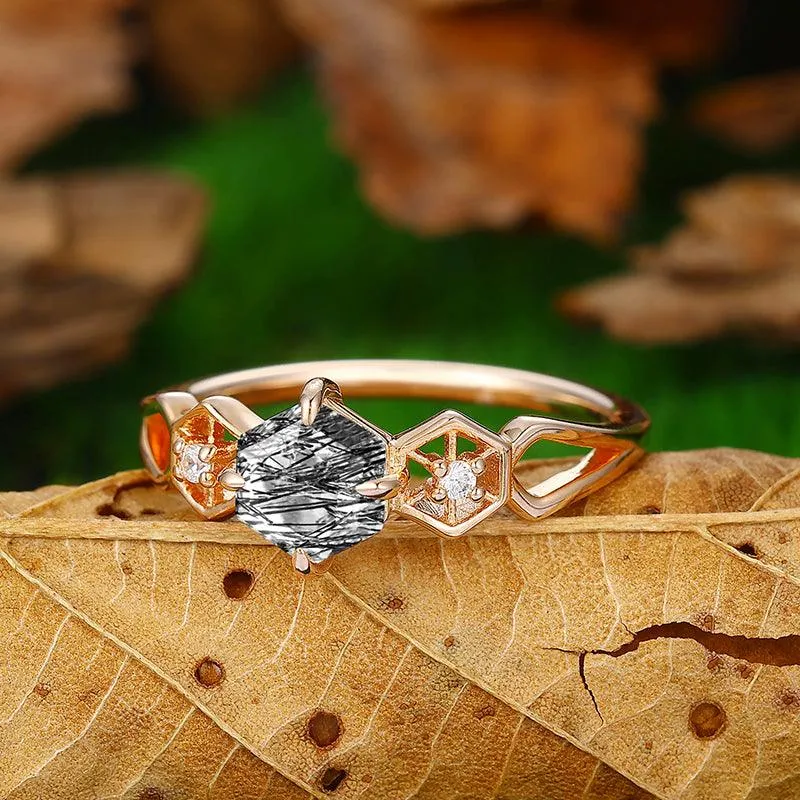 14k 18k  Rose Gold  Unique Natural Black Rutilated Quartz Half Enternity Bridal Anniversary Ring