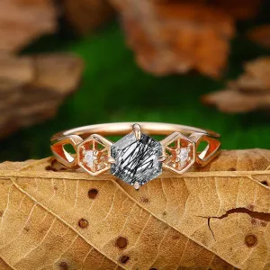 14k 18k  Rose Gold  Unique Natural Black Rutilated Quartz Half Enternity Bridal Anniversary Ring