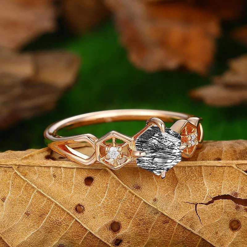 14k 18k  Rose Gold  Unique Natural Black Rutilated Quartz Half Enternity Bridal Anniversary Ring