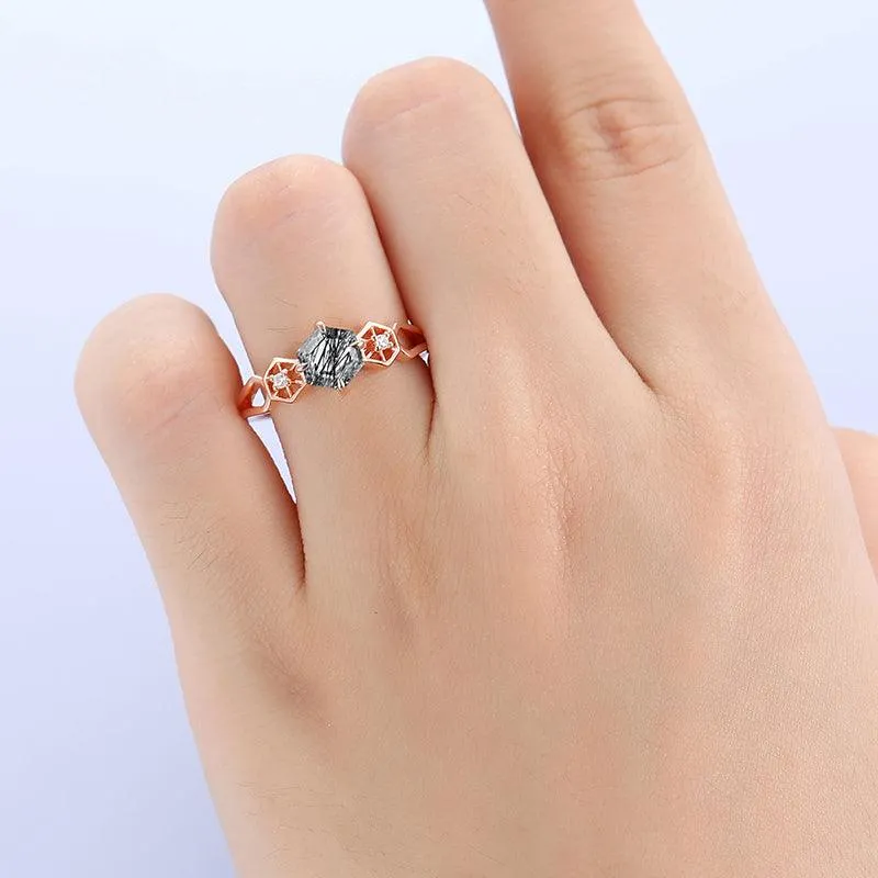 14k 18k  Rose Gold  Unique Natural Black Rutilated Quartz Half Enternity Bridal Anniversary Ring