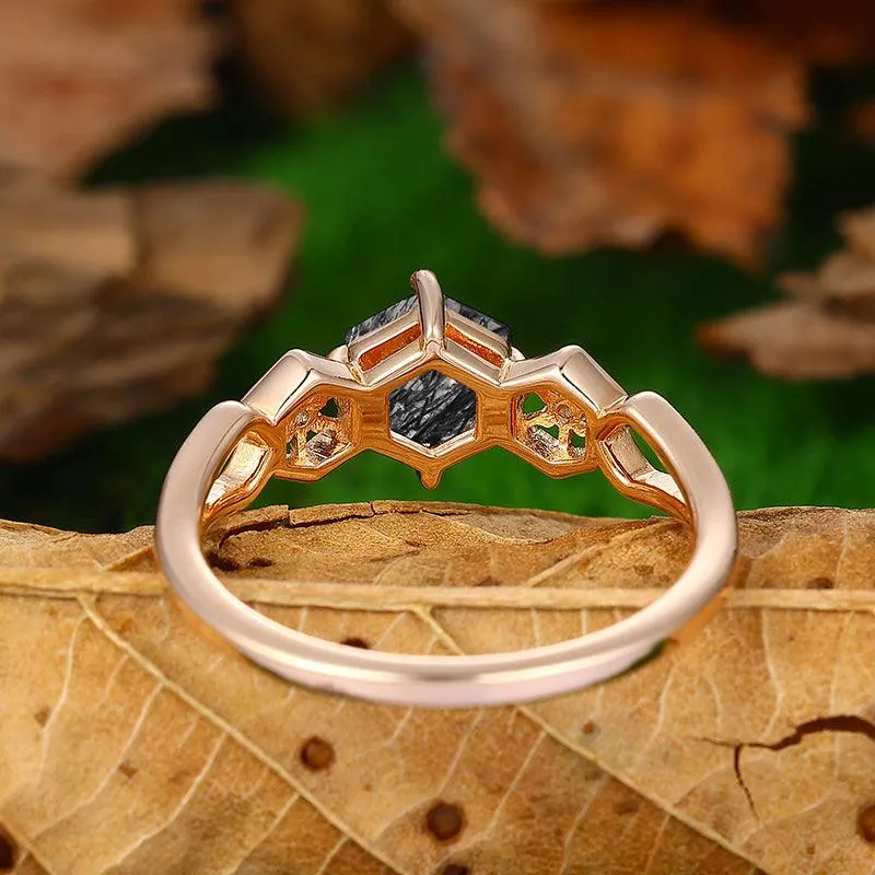 14k 18k  Rose Gold  Unique Natural Black Rutilated Quartz Half Enternity Bridal Anniversary Ring