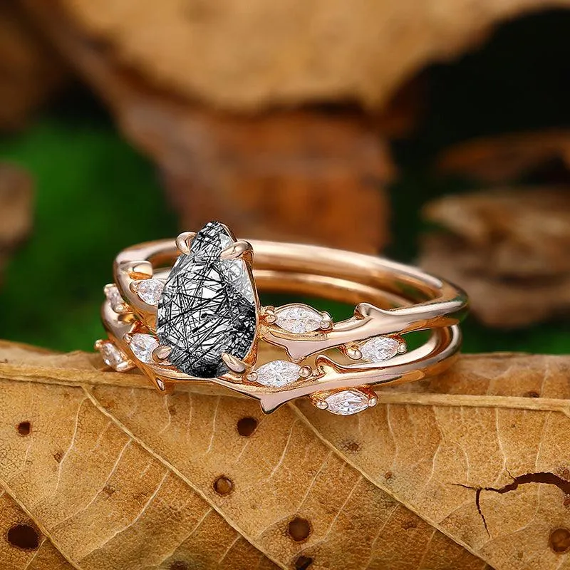 14k 18k Round Shaped Natural Black Rutilated Quartz Ring Set Marqusie Miossanite Matching Band