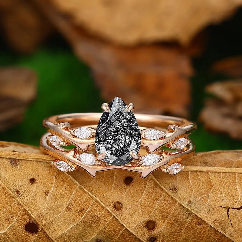 14k 18k Round Shaped Natural Black Rutilated Quartz Ring Set Marqusie Miossanite Matching Band