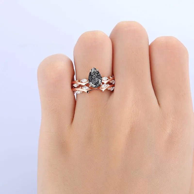 14k 18k Round Shaped Natural Black Rutilated Quartz Ring Set Marqusie Miossanite Matching Band