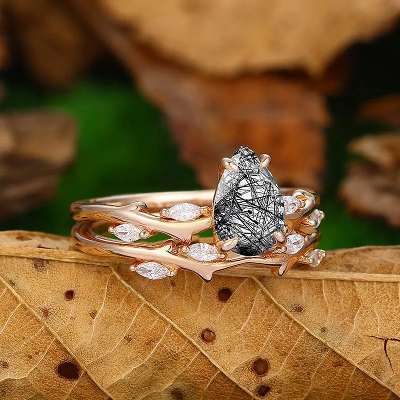 14k 18k Round Shaped Natural Black Rutilated Quartz Ring Set Marqusie Miossanite Matching Band