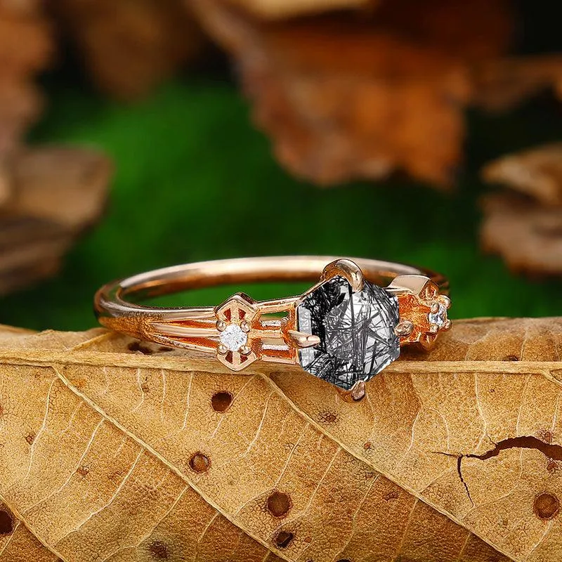 14k 18k Unique Natural Black Rutilated Quartz Butterfly Promise  Gift Ring