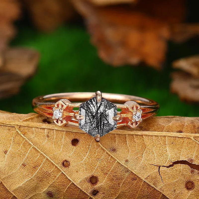 14k 18k Unique Natural Black Rutilated Quartz Butterfly Promise  Gift Ring