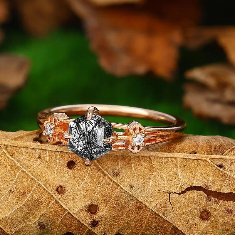 14k 18k Unique Natural Black Rutilated Quartz Butterfly Promise  Gift Ring