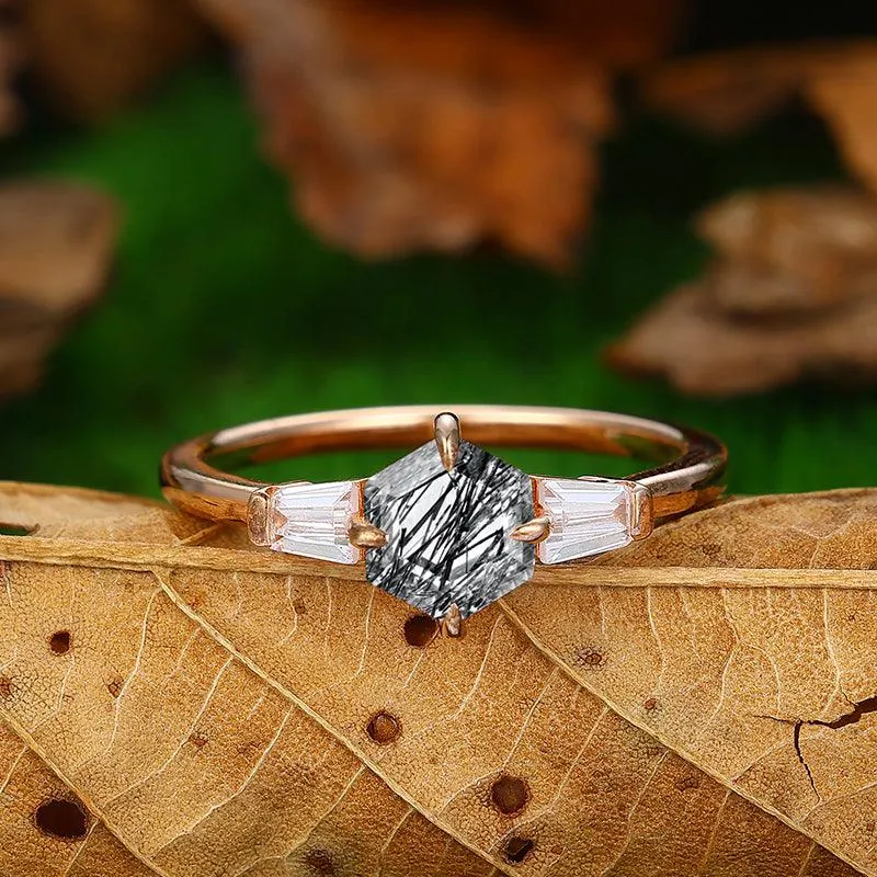 14k 18k Unique Natural Black Rutilated Quartz Diamond  Moissanite Anniversary Ring
