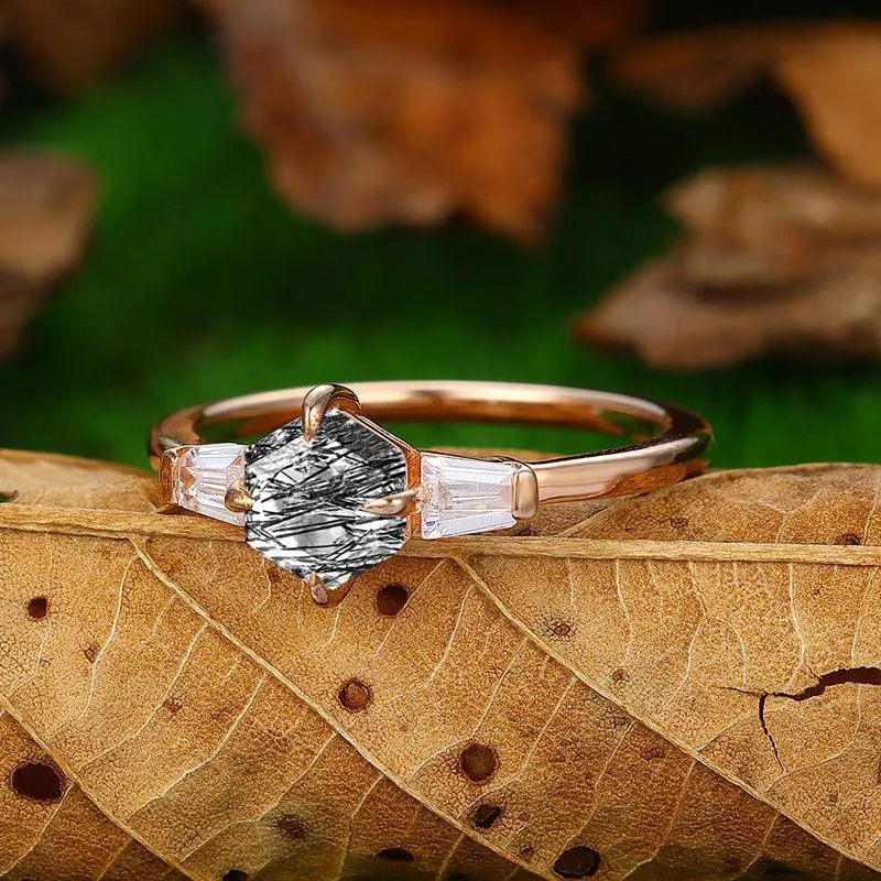 14k 18k Unique Natural Black Rutilated Quartz Diamond  Moissanite Anniversary Ring