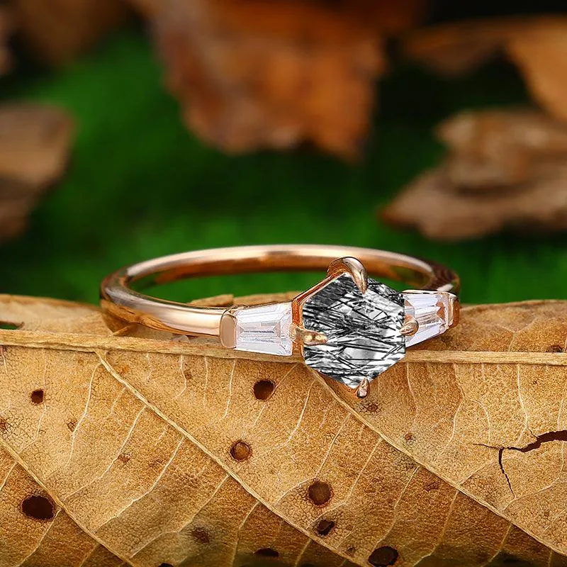 14k 18k Unique Natural Black Rutilated Quartz Diamond  Moissanite Anniversary Ring