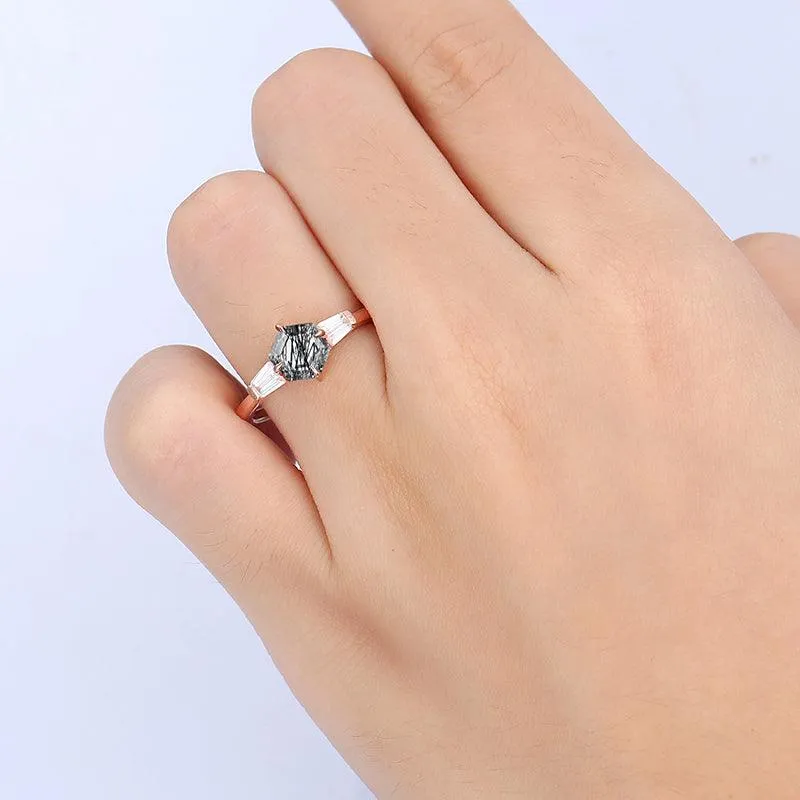 14k 18k Unique Natural Black Rutilated Quartz Diamond  Moissanite Anniversary Ring