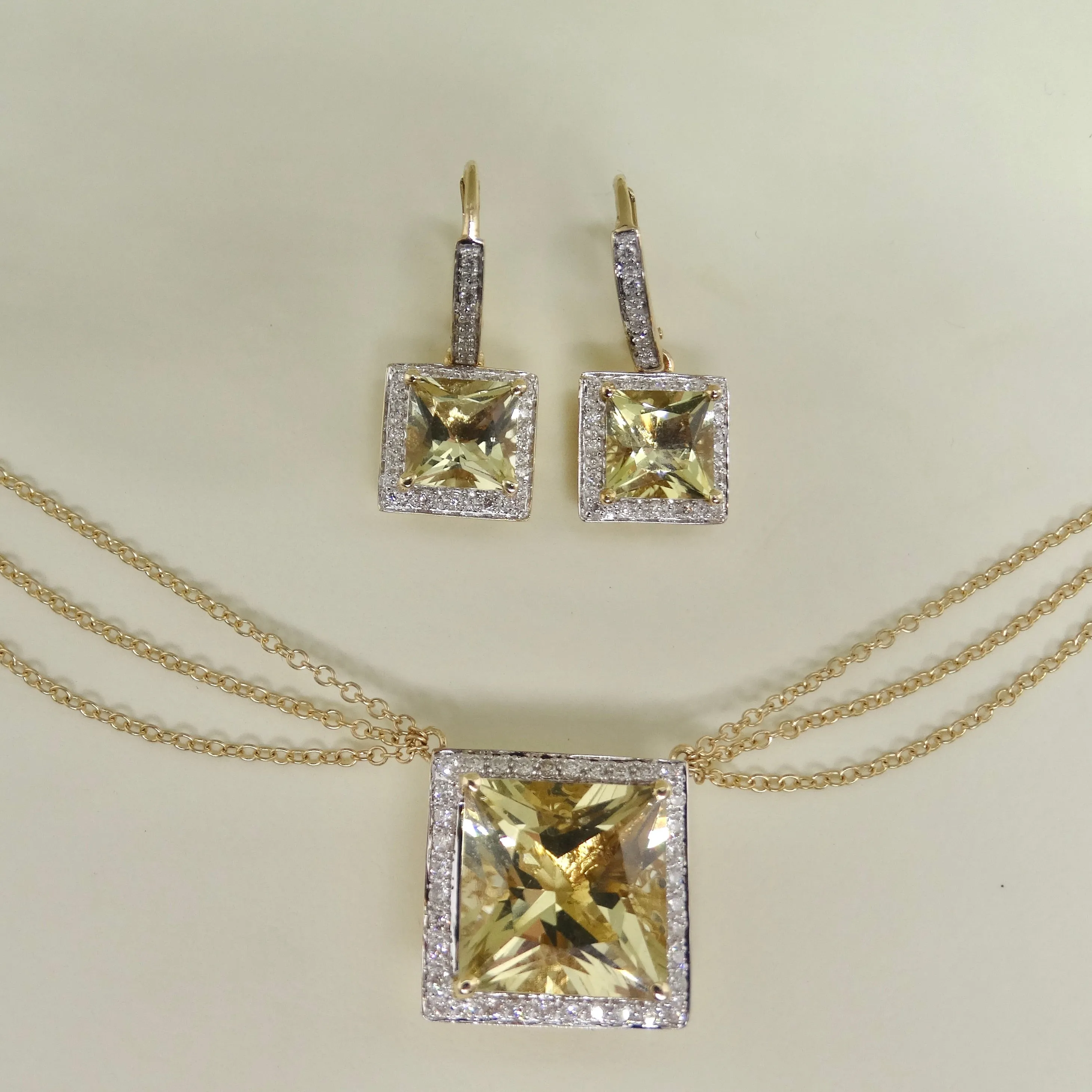 14K Gold Citrine Diamond Necklace and Earrings Set