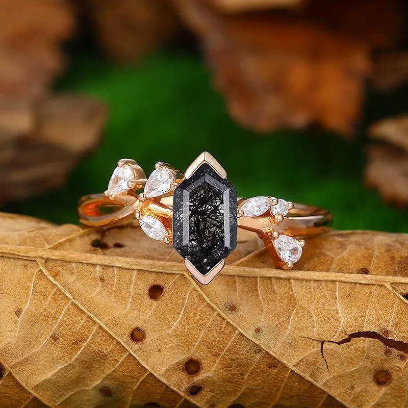 14K Gold  Natural Black Rutilated Quartz Twisted Art Deco Diamond Wedding Ring
