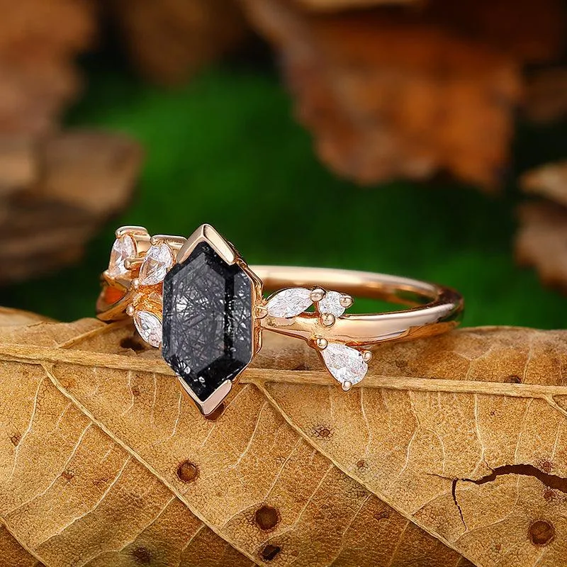 14K Gold  Natural Black Rutilated Quartz Twisted Art Deco Diamond Wedding Ring