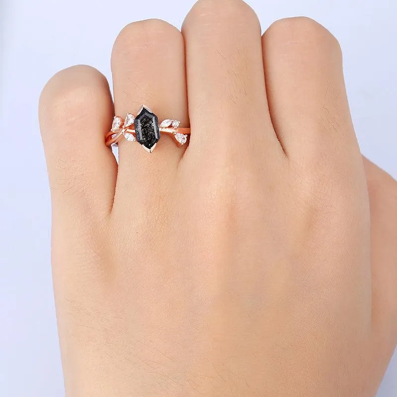 14K Gold  Natural Black Rutilated Quartz Twisted Art Deco Diamond Wedding Ring