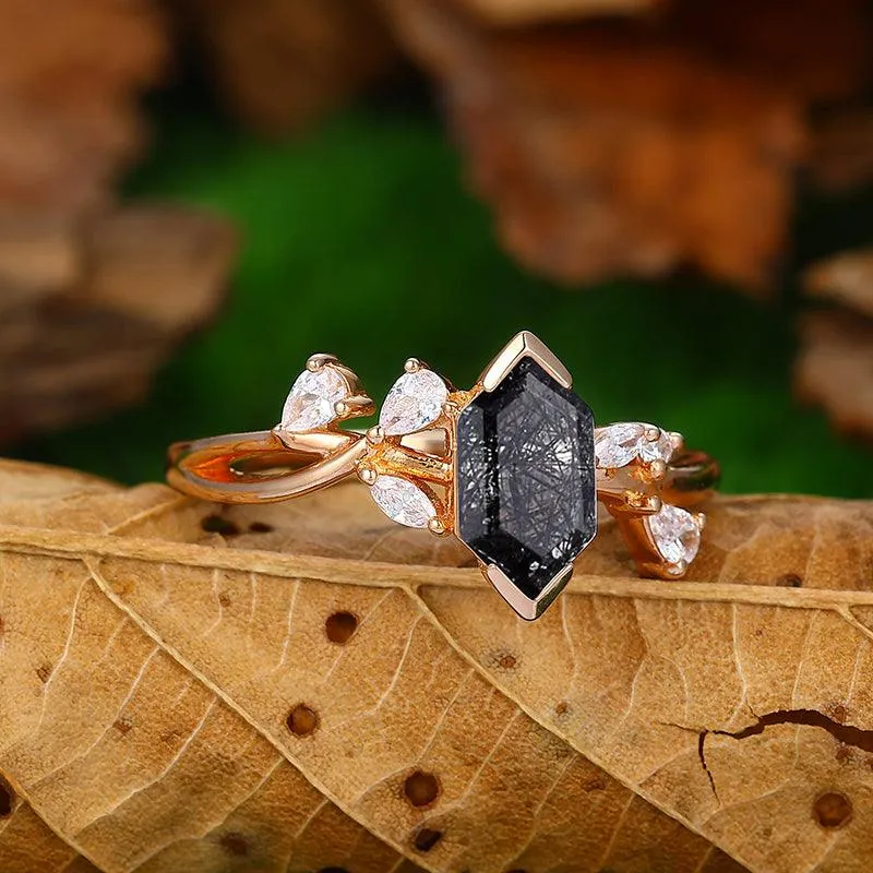 14K Gold  Natural Black Rutilated Quartz Twisted Art Deco Diamond Wedding Ring