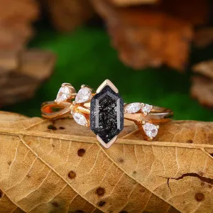 14K Gold  Natural Black Rutilated Quartz Twisted Art Deco Diamond Wedding Ring
