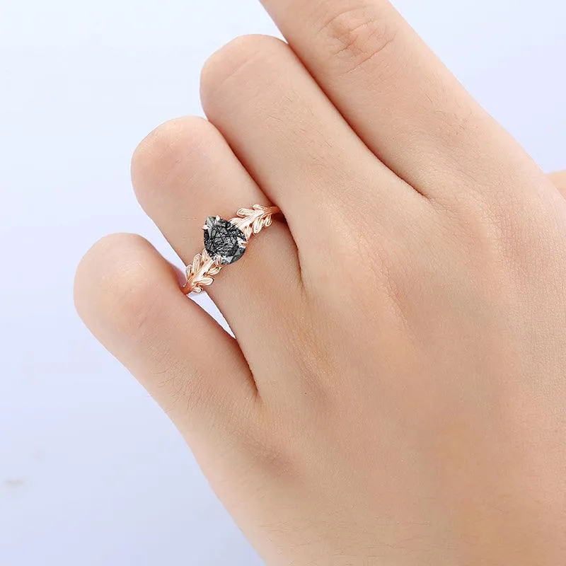 14k Gold  Pear Shaped  Leaf Vines  Natural Black Rutilated Quartz  Engagement Ring