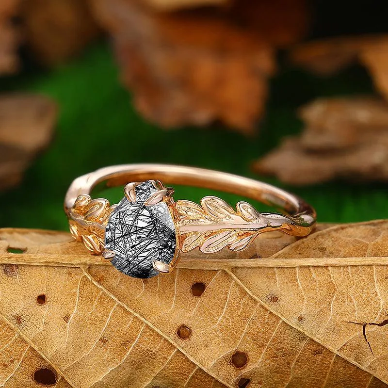 14k Gold  Pear Shaped  Leaf Vines  Natural Black Rutilated Quartz  Engagement Ring