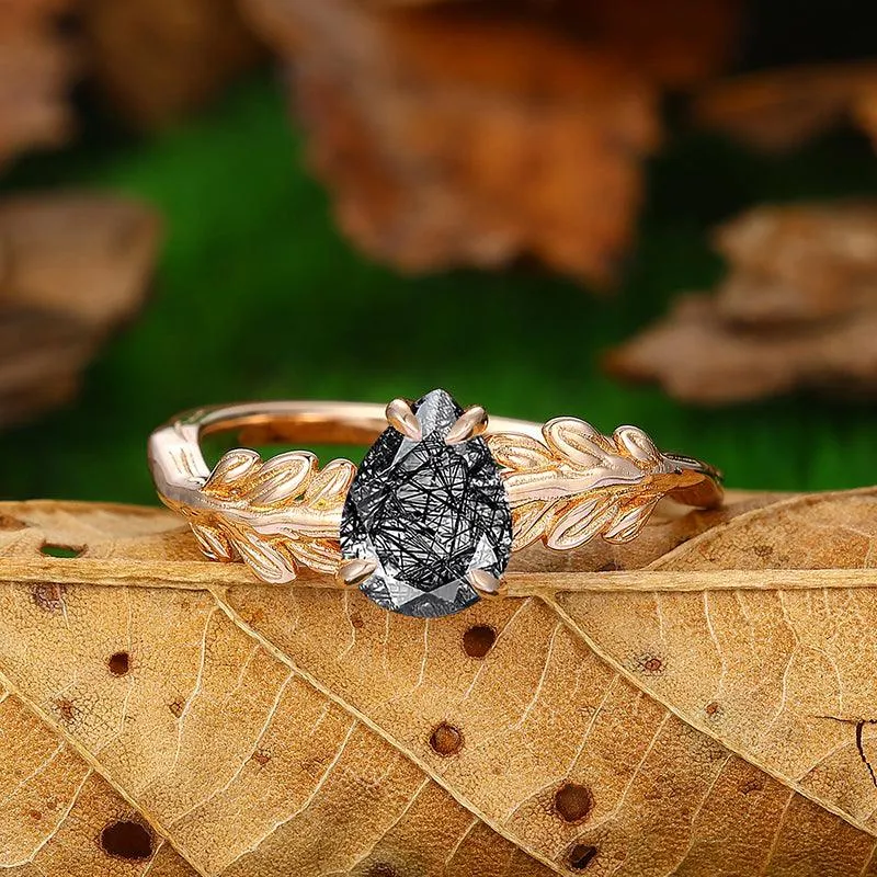 14k Gold  Pear Shaped  Leaf Vines  Natural Black Rutilated Quartz  Engagement Ring