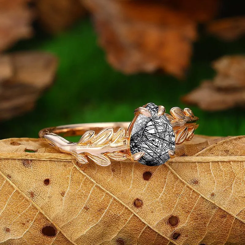 14k Gold  Pear Shaped  Leaf Vines  Natural Black Rutilated Quartz  Engagement Ring