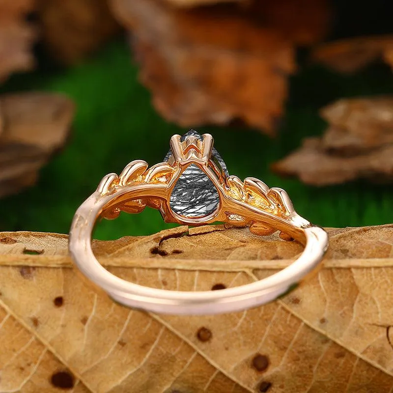 14k Gold  Pear Shaped  Leaf Vines  Natural Black Rutilated Quartz  Engagement Ring