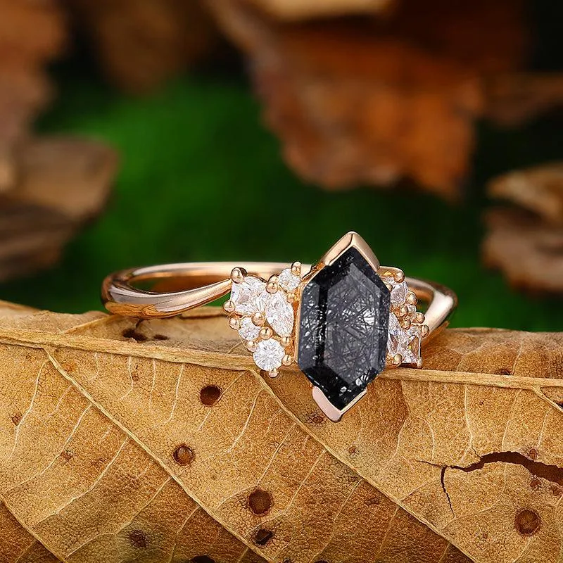 14k Gold  Twisted Art Deco  Natural Black Rutilated Quartz Diamond  Cluster Engagement Ring