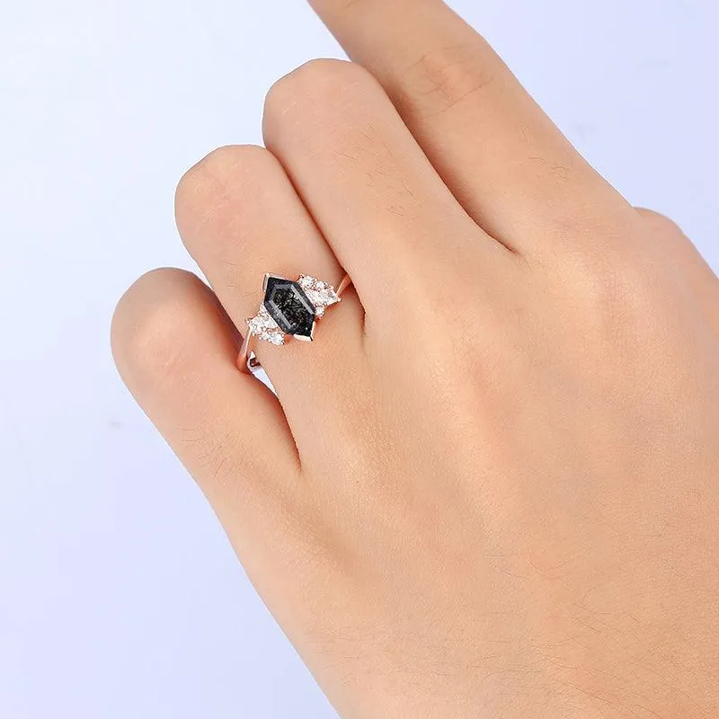 14k Gold  Twisted Art Deco  Natural Black Rutilated Quartz Diamond  Cluster Engagement Ring