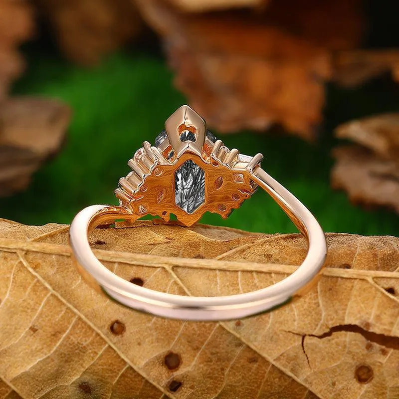 14k Gold  Twisted Art Deco  Natural Black Rutilated Quartz Diamond  Cluster Engagement Ring