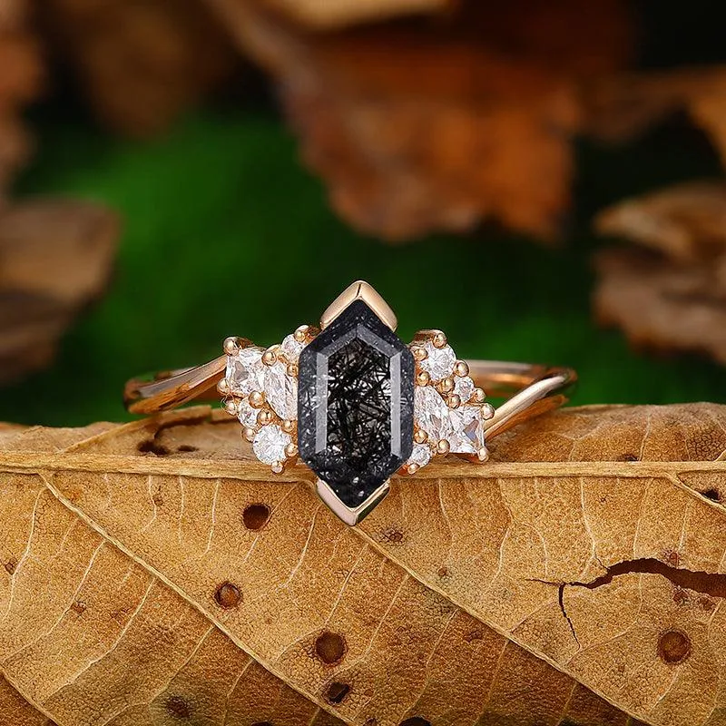 14k Gold  Twisted Art Deco  Natural Black Rutilated Quartz Diamond  Cluster Engagement Ring