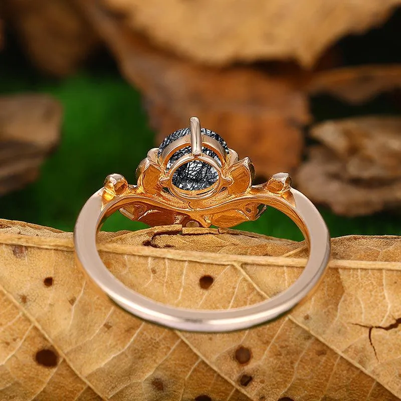 14k Rose Gold Round Shaped Natural Black Rutilated Quartz Diamond Art Deco Leaf Design Ring