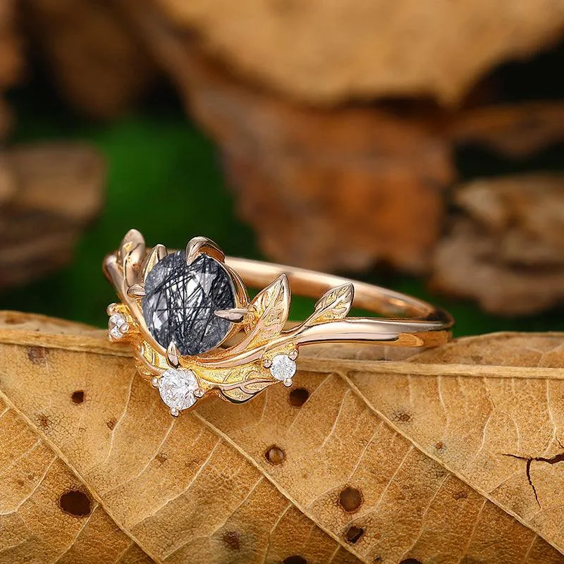 14k Rose Gold Round Shaped Natural Black Rutilated Quartz Diamond Art Deco Leaf Design Ring