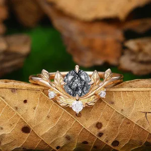 14k Rose Gold Round Shaped Natural Black Rutilated Quartz Diamond Art Deco Leaf Design Ring