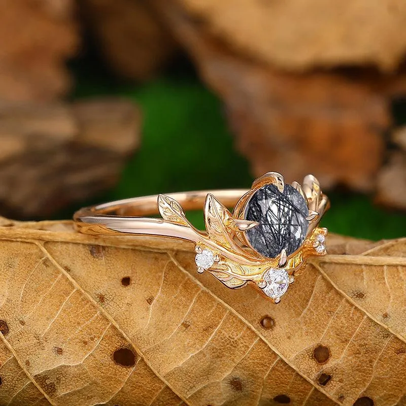 14k Rose Gold Round Shaped Natural Black Rutilated Quartz Diamond Art Deco Leaf Design Ring