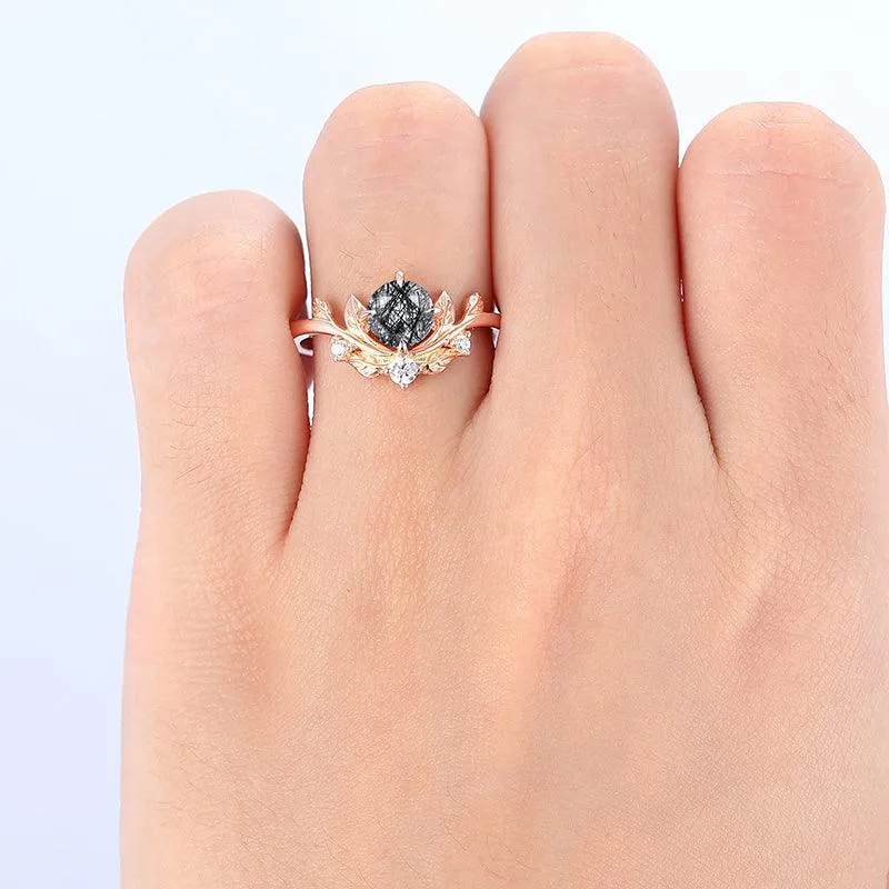 14k Rose Gold Round Shaped Natural Black Rutilated Quartz Diamond Art Deco Leaf Design Ring